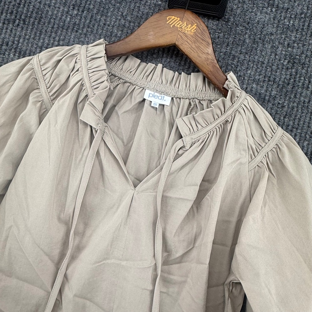 Pleat Blouse Girls 12 Tan Excellent RuffleNeck Smocked Cuff Long Sleeve Top